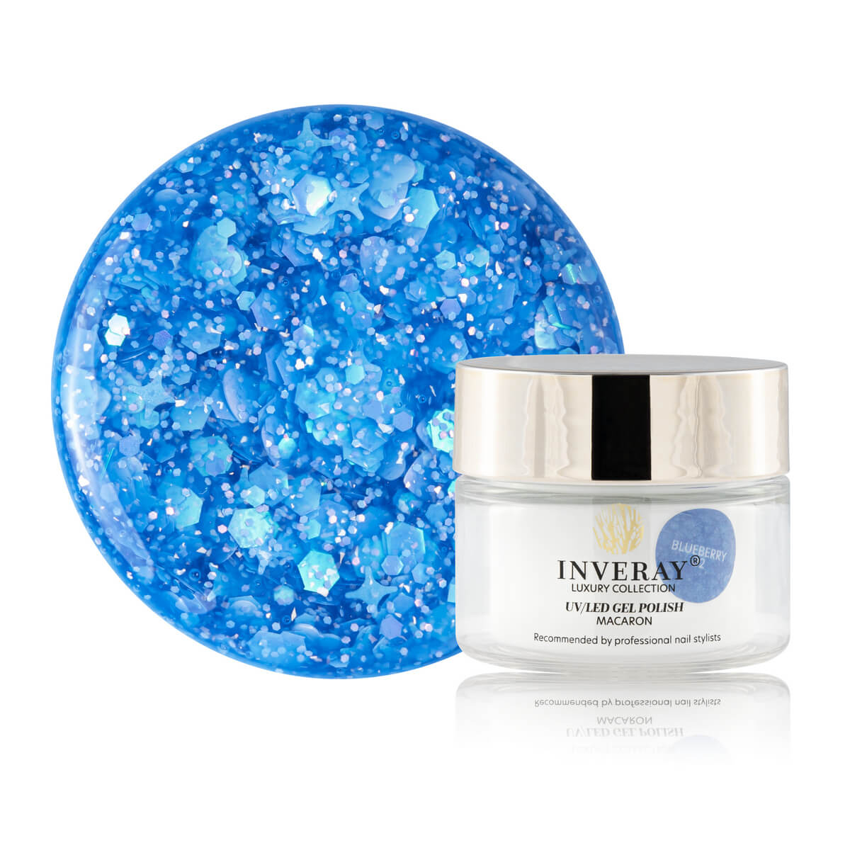 Lakier hybrydowy UV/LED Macaron 02 Blueberry w błękitnym odcieniu z połyskującymi drobinkami – produkt marki INVERAY