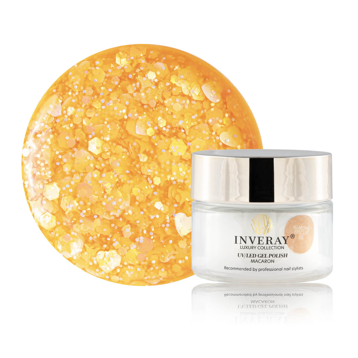 Lakier hybrydowy UV/LED Macaron No 06 Almond Biscuit w pomarańczowym odcieniu z połyskującymi drobinkami – produkt marki INVERAY