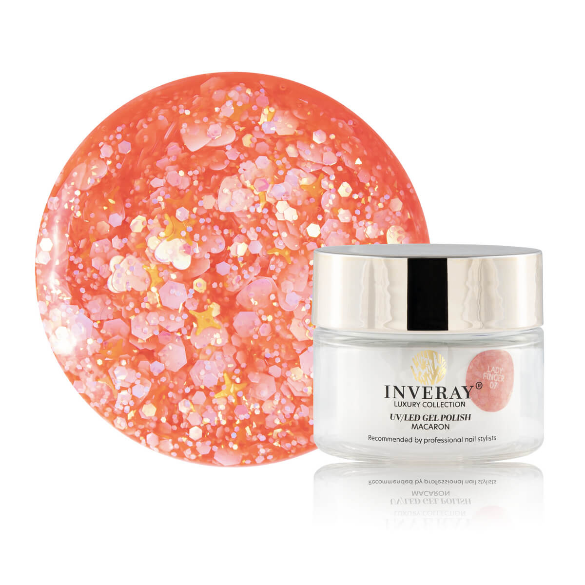 Lakier hybrydowy UV/LED Macaron No 07 LADYFINGER w eleganckim odcieniu z połyskującymi drobinkami – produkt marki INVERAY