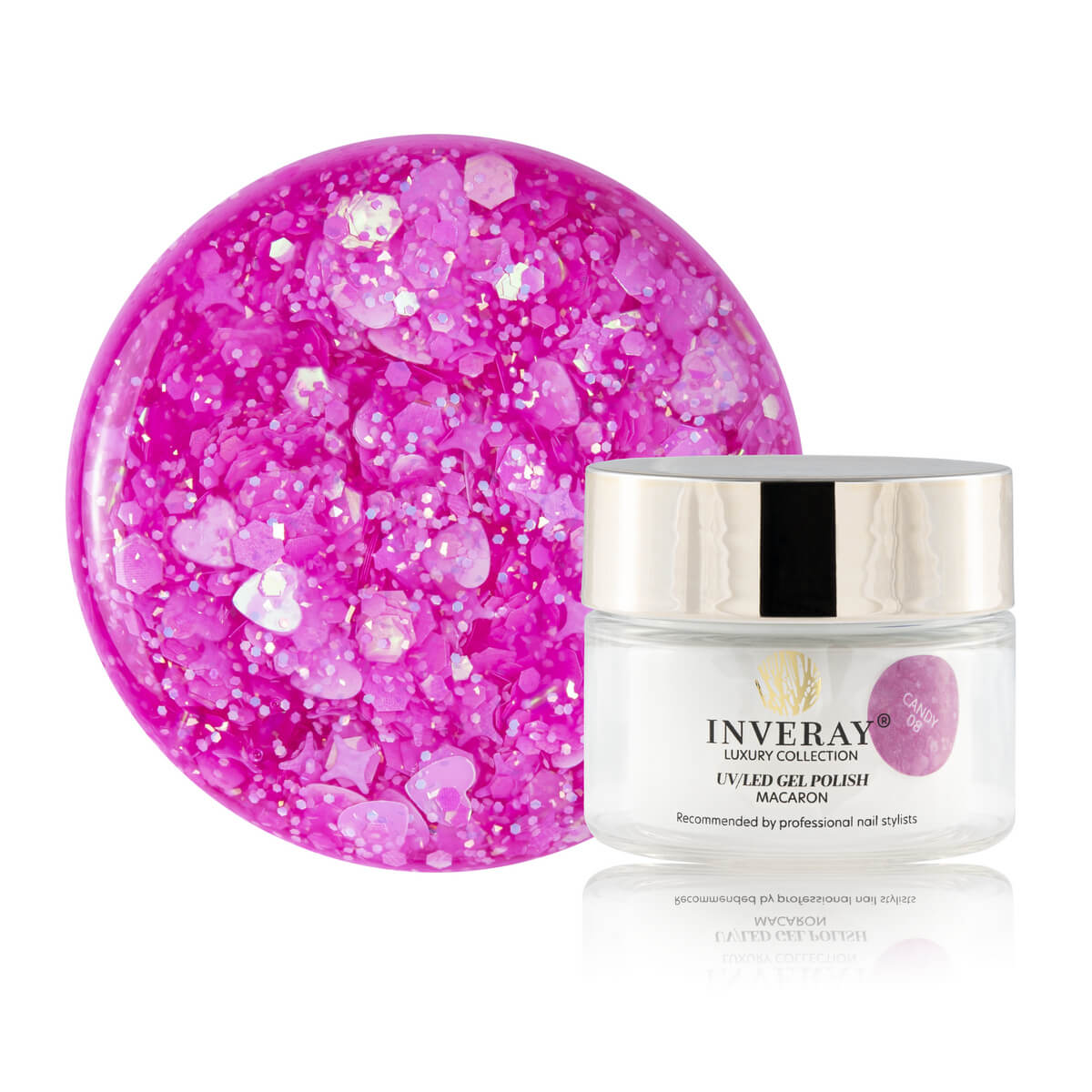 Lakier hybrydowy UV LED Macaron No 08 CANDY w intensywnym odcieniu z połyskującymi drobinkami – produkt marki INVERAY