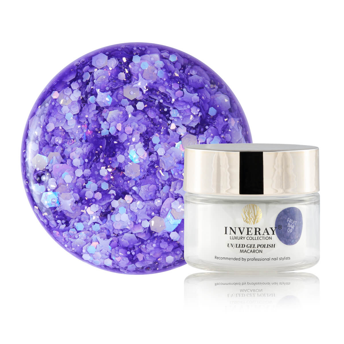 Lakier hybrydowy UV/LED Macaron No 09 FRUIT BAR w intensywnym odcieniu z połyskującymi drobinkami – produkt marki INVERAY